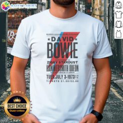 Original David Bowie performing as Ziggy Stardust at Hammersmith Odeon, featured on a vintage T-shirt design.