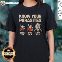 Original Know Your Parasites tee featuring deer tick, dog tick, and Luna tick illustrations for retro ladies' style.