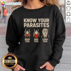 Original Know Your Parasites sweatshirt featuring deer tick, dog tick, and luna tick graphics in a retro design.
