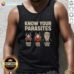 Original Know Your Parasites Retro Tank Top featuring Deer Tick, Dog Tick, and Luna Tick designs for tick awareness.