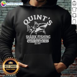 Original Quints Shark Fishing Charter Boat Service hoodie featuring Great White Shark design, Amity Island, est. 1975.