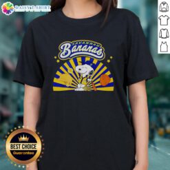 Original Snoopy Savannah Bananas baseball dog in batting stance on ladies tee, perfect for fans and casual wear.