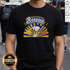 Alt Text: Original Snoopy Savannah Bananas baseball dog in batting stance on a fun t-shirt, perfect for fans and pet lovers.