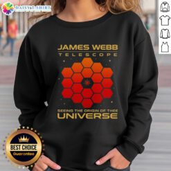 Premium James Webb Telescope sweatshirt showcasing cosmic imagery of the universe's origins, perfect for space enthusiasts.