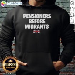 Premium pensioners wearing UK flag hoodies before migrants, showcasing unity and heritage in vibrant colors.