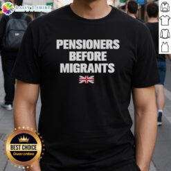 Premium Pensioners Before Migrants UK Flag T-Shirt featuring bold graphics and patriotic design for proud UK supporters.
