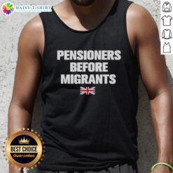 Premium pensioners wearing UK flag tank tops, showcasing pride and community spirit among migrants and locals.
