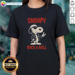 Premium Snoopy Rock and Roll cartoon ladies tee featuring a vibrant graphic of Snoopy dancing on a colorful background.