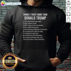 Premium 'Things I Trust More Than Donald Trump' hoodie featuring bold text design, perfect for expressing your views.