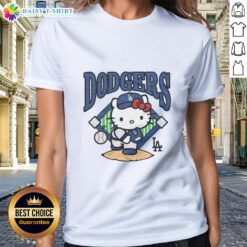 Alt Text: Pretty Los Angeles Dodgers Hello Kitty ladies tee featuring a cute design, perfect for fans and casual wear.