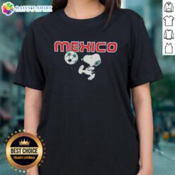 Pretty Snoopy X Mexico football ladies tee featuring vibrant graphics and a stylish design for fans of all ages.