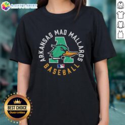 Alt Text: Top Arkansas Mad Mallards Baseball logo on a stylish ladies tee, perfect for fans of the team.