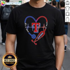 Top Texas Rangers Stethoscope Heartbeat T-Shirt showcasing a heart design, perfect for baseball fans and medical professionals.