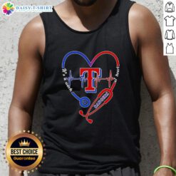 Top Texas Rangers stethoscope heartbeat tank top design showcasing a heart-themed graphic for baseball fans.
