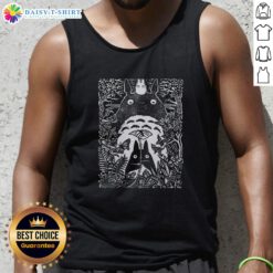 Top Totoro small and big from My Neighbor Totoro in forest, Inocut style tank top design for fans of Studio Ghibli.