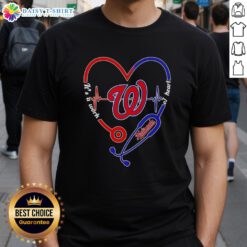 Alt Text: Washington Nationals It's A Work Of Heart T-shirt featuring a stethoscope and heartbeat design, perfect for fans.