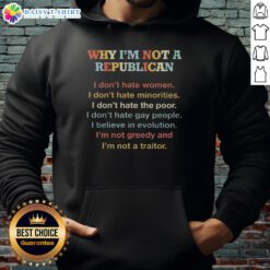 Top 'Why I'm Not A Republican' hoodie displaying text on social issues like women's rights, minority rights, and poverty.