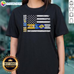 Awesome Los Angeles Sport Teams Lakers Dodgers Rams Kings American Flag Ladies Shirt