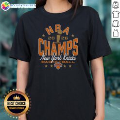 Awesome New York Knicks 2026 NBA Champions Basketball Fan Ladies Shirt in navy blue with bold orange and white text