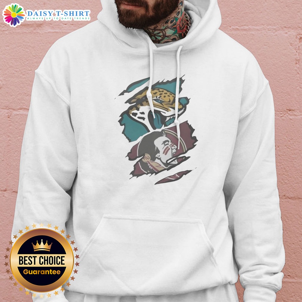 Funny Jacksonville Jaguars Florida State Seminoles Team Logo Shirt on Hoodie Funny Jacksonville Jaguars Florida State Seminoles Team Logo Shirt shown as a hoodie preview