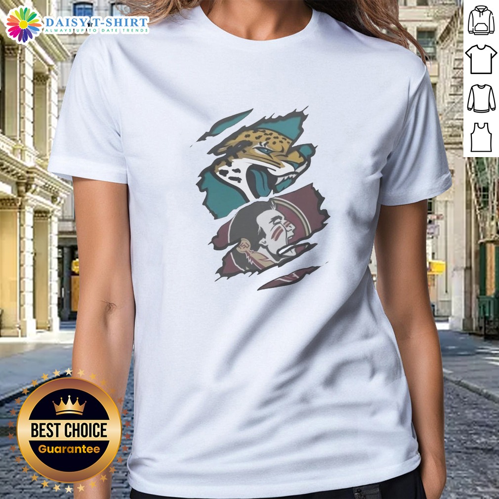 Funny Jacksonville Jaguars Florida State Seminoles Team Logo Shirt on Ladies Shirt Funny Jacksonville Jaguars Florida State Seminoles Team Logo Shirt shown as a ladies shirt preview