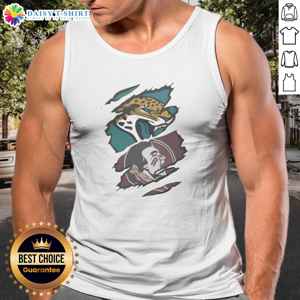 Funny Jacksonville Jaguars Florida State Seminoles Team Logo Shirt on Tank Top Funny Jacksonville Jaguars Florida State Seminoles Team Logo Shirt shown as a tank top preview
