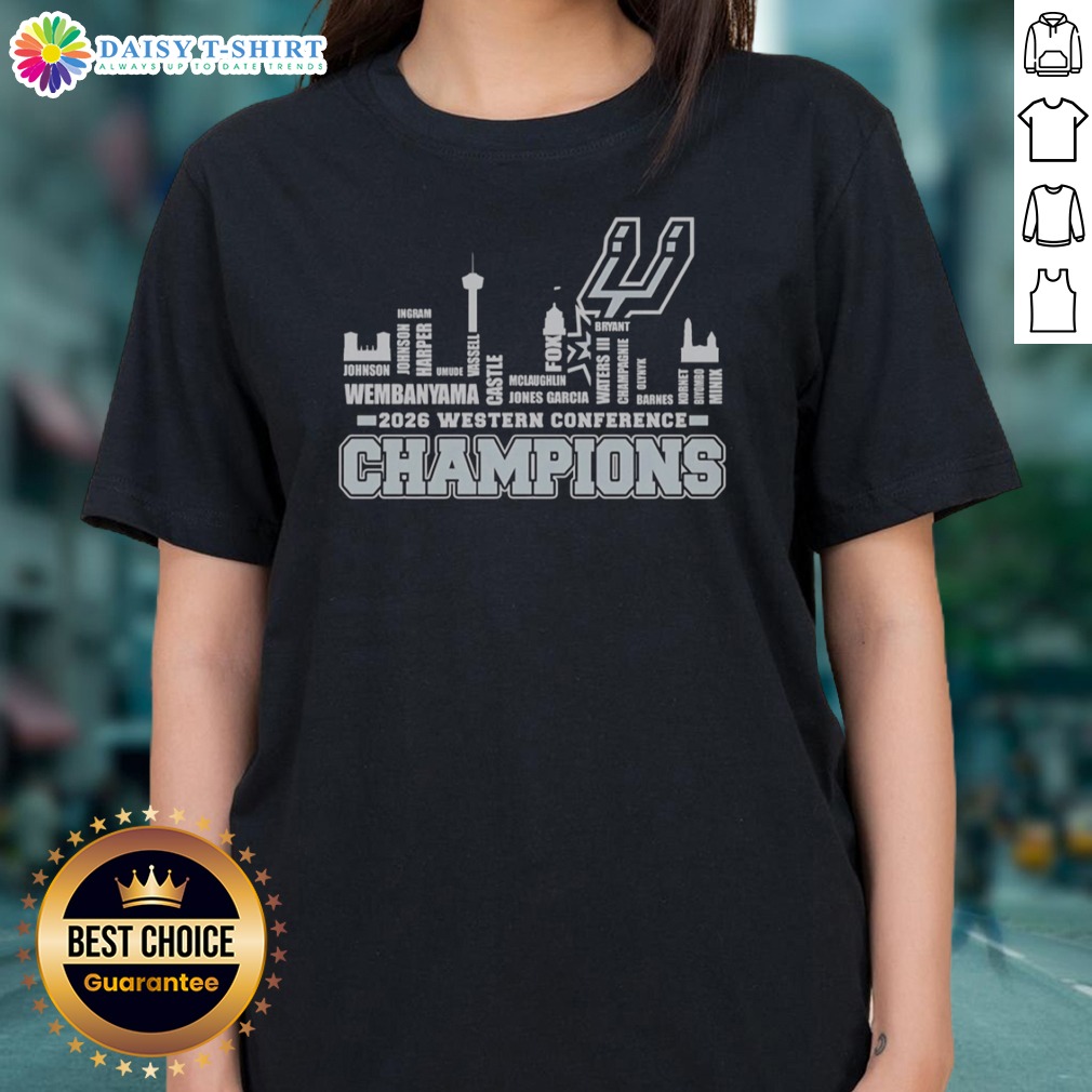Funny San Antonio Spurs 2026 Western Conference Champions Wembanyama Vassell Castle Shirt shown as a ladies shirt preview