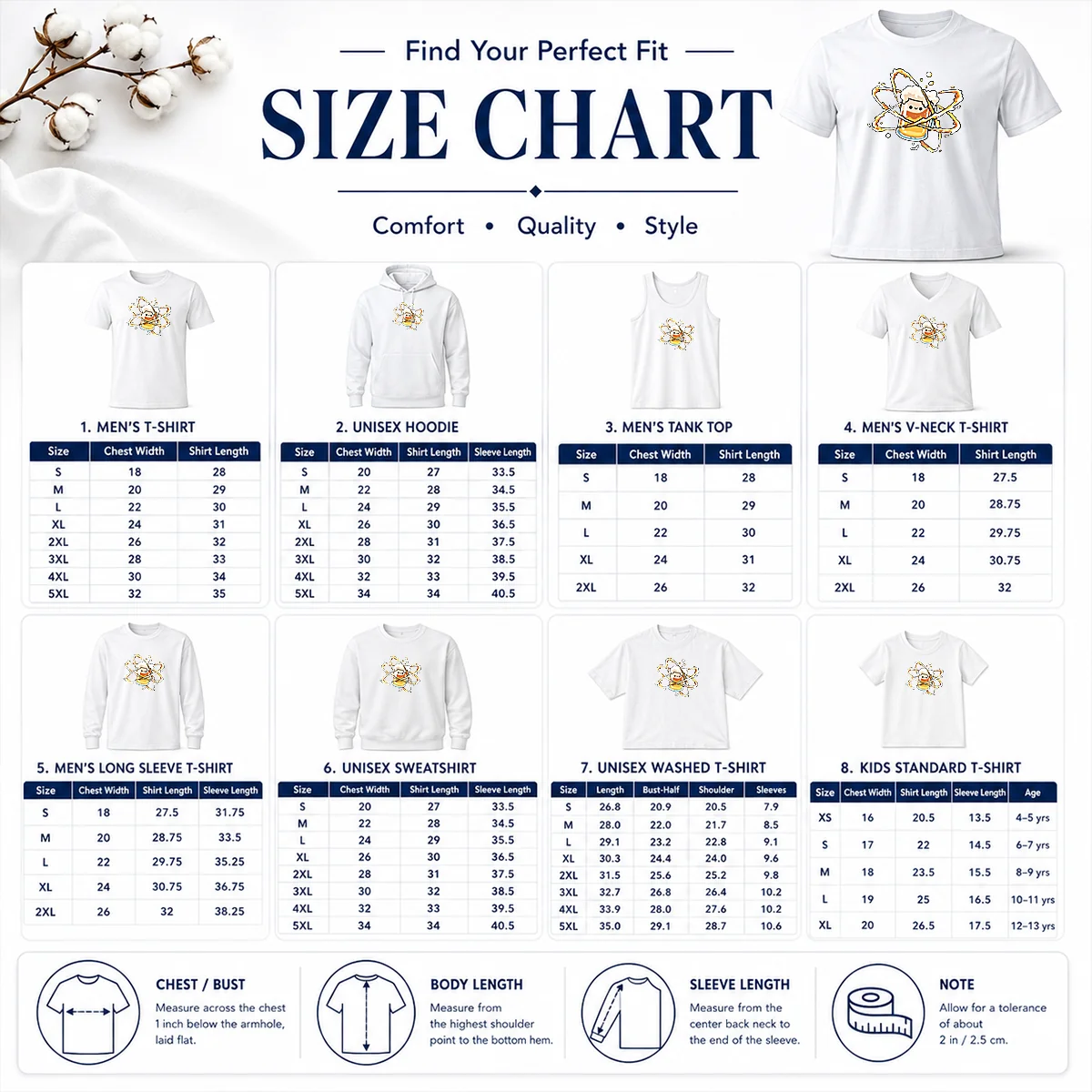 Good Beer Atom Size Chart Size chart for Good Beer Atom showing measurements in inches and centimeters