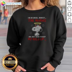 Good Official Snoopy I'M An Angel Honest The Horns Are Just There To Keep My Halo Up Sweashirt featuring a playful graphic on a cozy crewneck sweatshirt