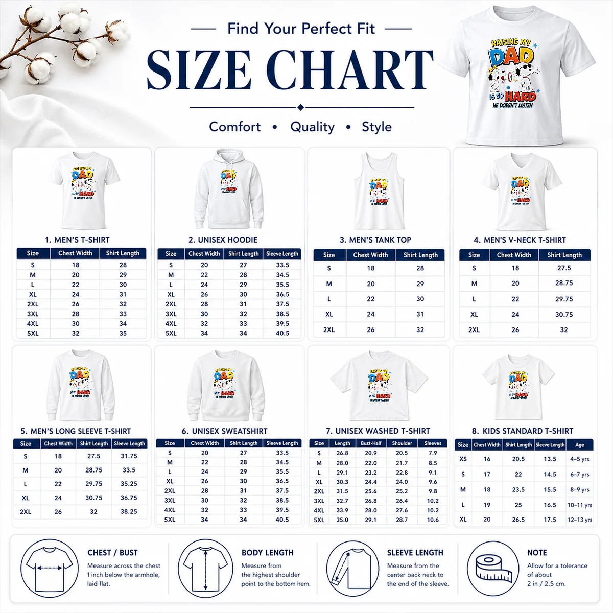 Size chart for Good Snoopy Belle Peanuts Raising My Dad Is So Hard He Does Not Listen with measurements in inches and cm