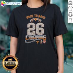 Good Texas Longhorns 2025 2026 Back To Back National Champions NCAA Softball Ladies Shirt displayed on a hanger