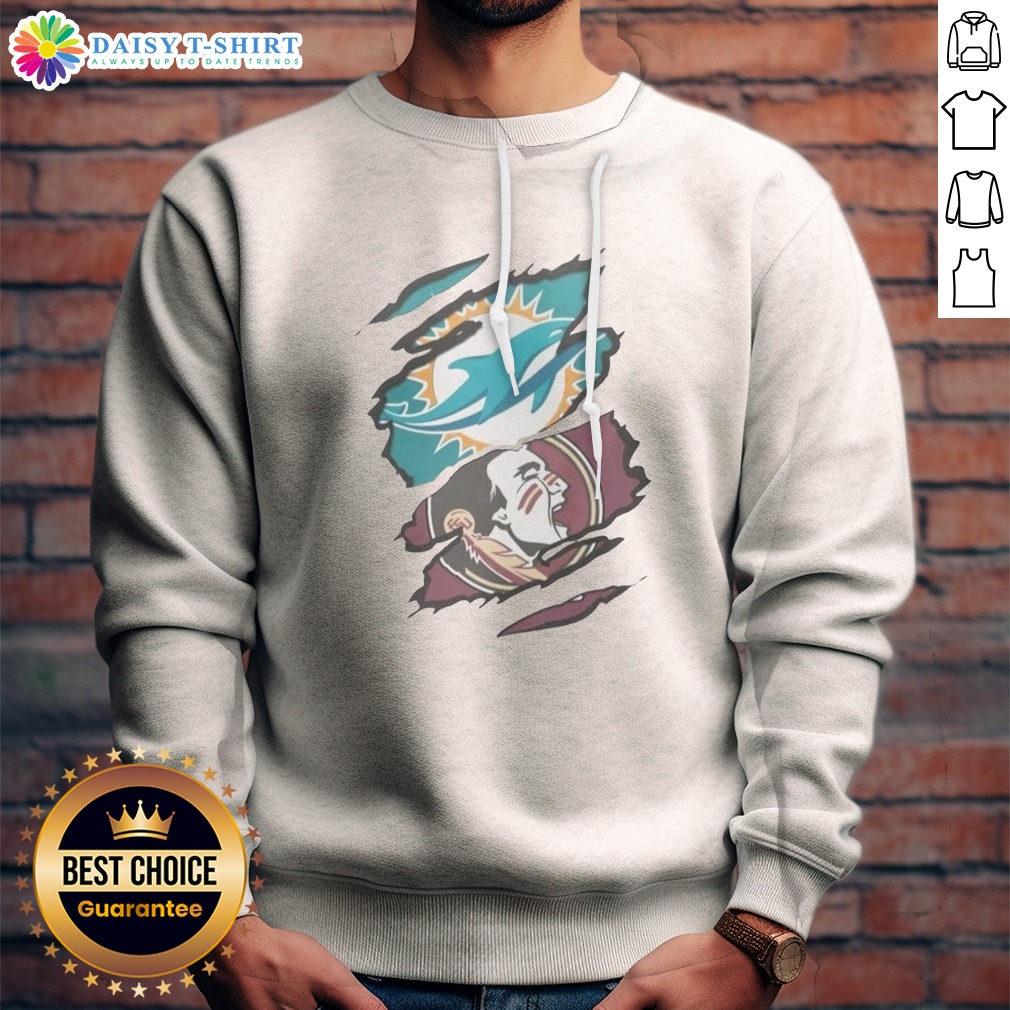 Nice Miami Dolphins Florida State Seminoles NFL NCAA Ripped Effect Shirt on Sweashirt Nice Miami Dolphins Florida State Seminoles NFL NCAA Ripped Effect Shirt shown as a sweashirt preview