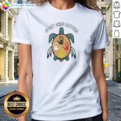 Official Every Child Matters Turtle Ladies Shirt featuring a vibrant turtle graphic on a comfortable fitted fabric