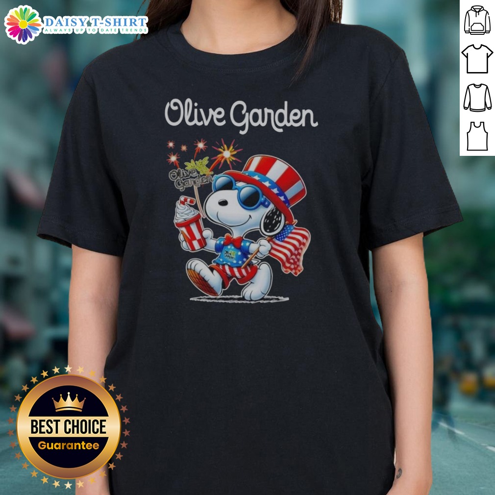 Official Snoopy X Olive Garden Fourth Of July American 250 Years 1776 2026 Fireworks Shirt on Ladies Shirt Official Snoopy X Olive Garden Fourth Of July American 250 Years 1776 2026 Fireworks Shirt shown as a ladies shirt preview