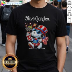 Official Snoopy X Olive Garden Fourth Of July American 250 Years 1776 2026 Fireworks Shirt displayed on a hanger