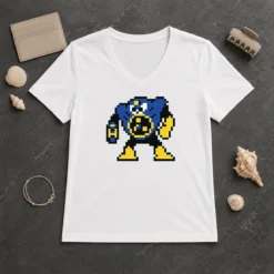 Original Blue Robot Pixel Art Mega Man Style V-Neck Shirt