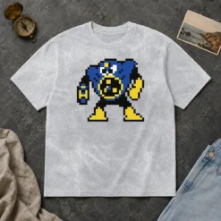 Original Blue Robot Pixel Art Mega Man Style Washed T Shirt with retro pixel design on soft cotton fabric