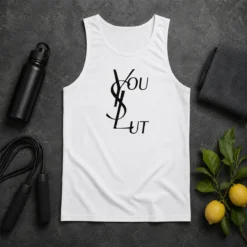 Original Ysl You Slut Parody Tank Top in black, sleeveless casual wear with bold graphic print