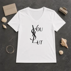 Original Ysl You Slut Parody V Neck Shirt in black with bold white graphic text on front