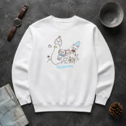 Premium Chiikawa Characters and Duck Friend illustration on a cozy crewneck sweater in soft fabric