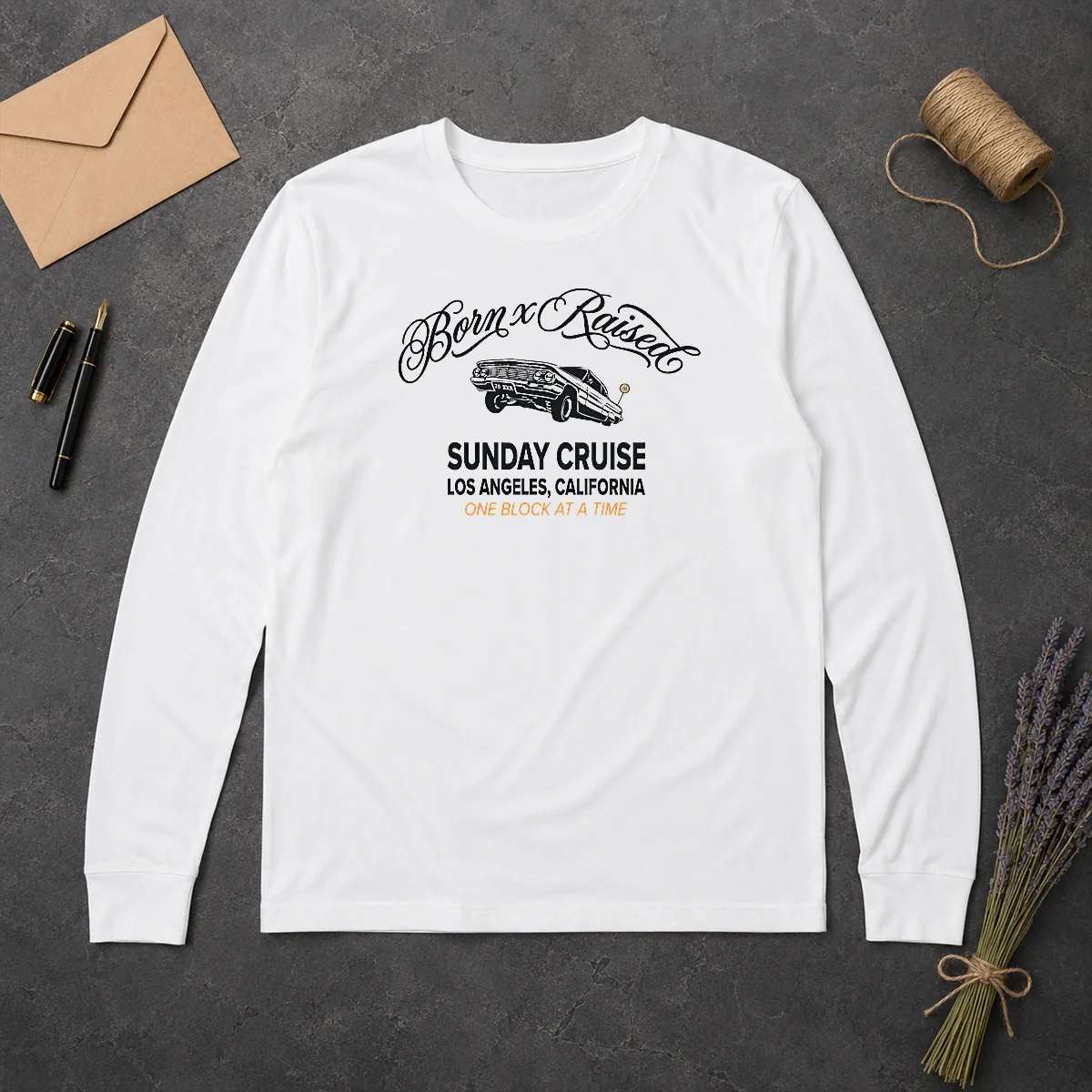 Premium Sunday Cruise Los Angeles California One Block At A Time Long Sleeve Shirt Premium Sunday Cruise Los Angeles California One Block At A Time long sleeve shirt in white with bold graphic print
