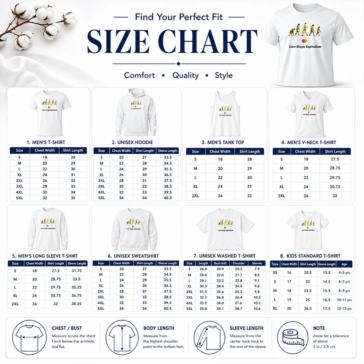 Pretty Late Stage Capitalism Idiocracy Evolution Size Chart Size chart for Pretty Late Stage Capitalism Idiocracy Evolution with measurements in inches and cm