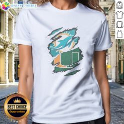 Pretty Miami Dolphins And Miami Hurricanes Ripped Logo Design Apparel Ladies Shirt displayed on a hanger