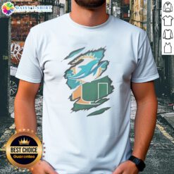 Pretty Miami Dolphins And Miami Hurricanes Ripped Logo Design Apparel Shirt displayed on a neutral background
