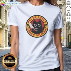 Pretty Pet Friendly Human Tolerant Black Cat With Knife Funny Parody Art Cotton Ladies Shirt in a vibrant color