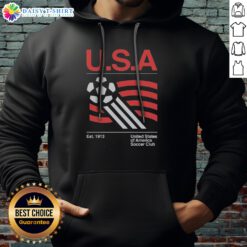 Pretty US National Team Historic 1913 Foundation Ball Flag United States Of America Soccer Club Hoodie displayed on a hanger.
