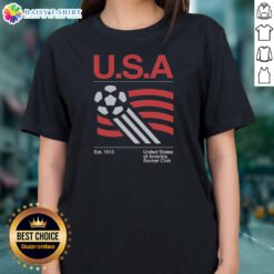 Pretty US National Team Historic 1913 Foundation Ball Flag United States Of America Soccer Club Ladies Shirt displayed on a hanger.