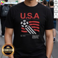 Pretty US National Team Historic 1913 Foundation Ball Flag United States Of America Soccer Club Shirt displayed on a hanger.