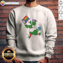Top Philadelphia Phillies Pride Mascot Running With Progress Flag Sweatshirt featuring vibrant colors and bold graphics.