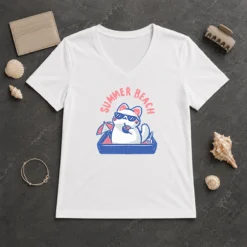 Top Summer Beach Cat V-Neck Shirt